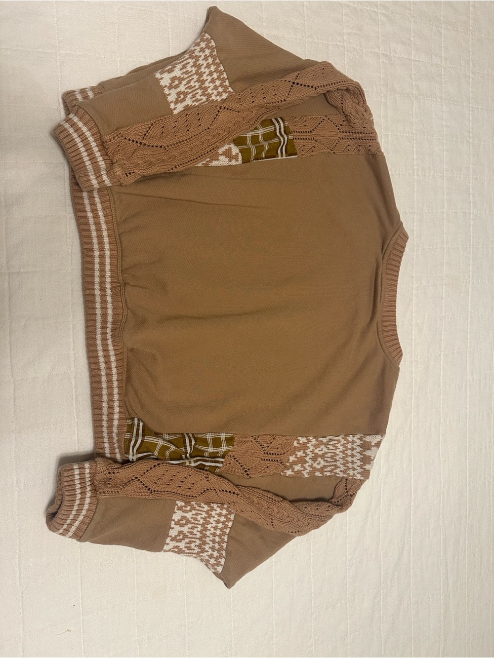 Pilcro Camel Pullover with Patterned Cable Knit and Patchwork Sleeves, XL - Picture 3 of 6